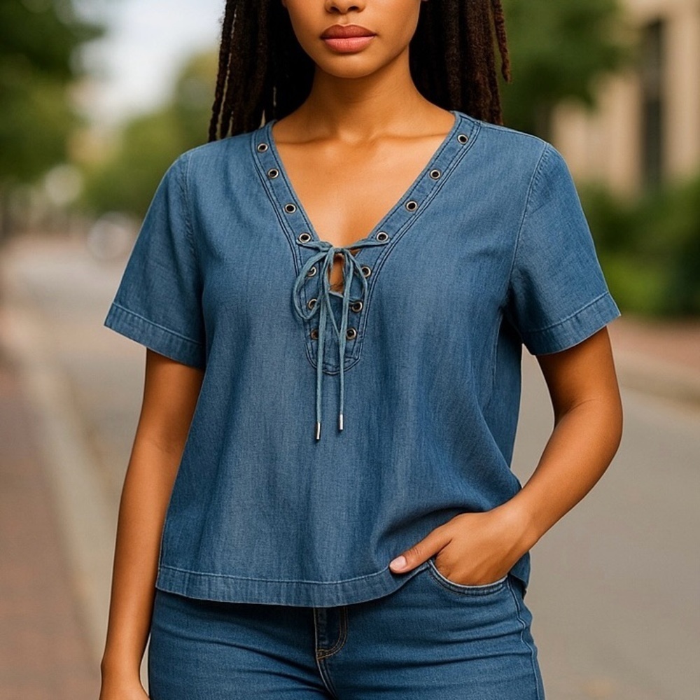 Forever 21 Women's size Medium short sleeve Chambray Denim Lace-Up Blouse